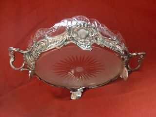 ANTIQUE FRENCH SILVERED PEWTER,  ETCHED CRYSTAL TABLE CENTER PIECE 7