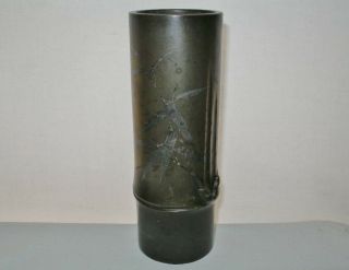 Artistic Fine Museum Quality Japanese Bronze Bamboo Vase Inlaid Silver Has Spots