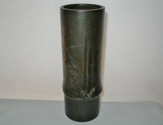 ARTISTIC Fine MUSEUM QUALITY Japanese BRONZE Bamboo VASE Inlaid SILVER has SPOTS 3