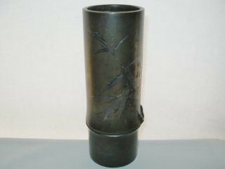 ARTISTIC Fine MUSEUM QUALITY Japanese BRONZE Bamboo VASE Inlaid SILVER has SPOTS 5