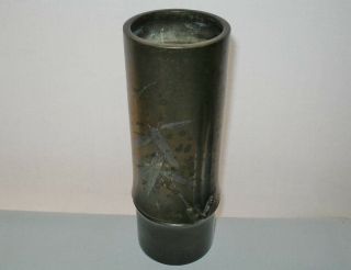 ARTISTIC Fine MUSEUM QUALITY Japanese BRONZE Bamboo VASE Inlaid SILVER has SPOTS 7