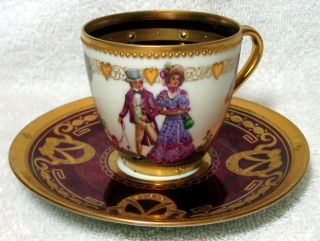 Ambrosius Lamm Dresden Antique Red Hand Painted Courting Couple Cup & Saucer