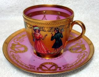 Ambrosius Lamm Dresden Antique Pink Hand Painted Courting Couple Cup & Saucer