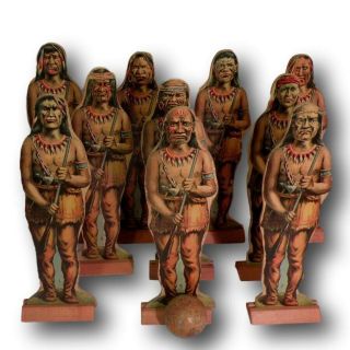 Antique 19th C.  American " Wild Indians " Lithograph Ten Pin Game Aafa