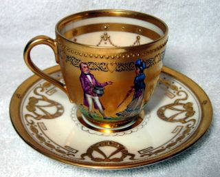 Ambrosius Lamm Dresden Antique Gold Hand Painted Courting Couple Cup & Saucer