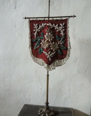 Rare Small Antique Beadwork Needlework Table Top Face/fire Screen On Stand