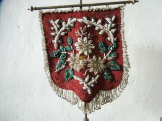 Rare Small Antique Beadwork Needlework Table Top Face/Fire Screen on Stand 4