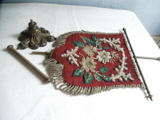Rare Small Antique Beadwork Needlework Table Top Face/Fire Screen on Stand 6