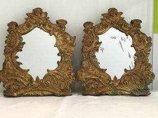 Small French Antique Repousse Gilt Metal Framed Mirrors,  Putti,  Cherub