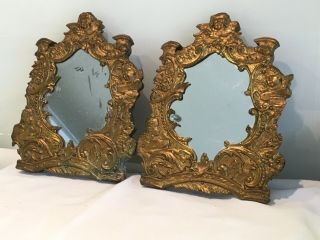 Small French Antique Repousse Gilt Metal Framed Mirrors,  Putti,  Cherub 7