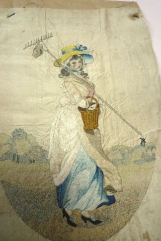 Antique Georgian Embroidered Silk Picture Lady With Rake Unframed Late 18th C