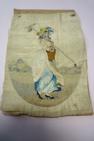 ANTIQUE GEORGIAN EMBROIDERED SILK PICTURE LADY WITH RAKE UNFRAMED LATE 18TH C 2