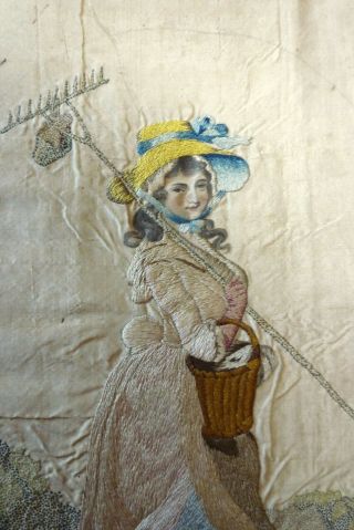 ANTIQUE GEORGIAN EMBROIDERED SILK PICTURE LADY WITH RAKE UNFRAMED LATE 18TH C 3