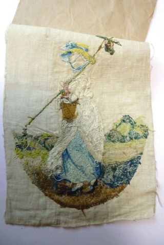 ANTIQUE GEORGIAN EMBROIDERED SILK PICTURE LADY WITH RAKE UNFRAMED LATE 18TH C 6
