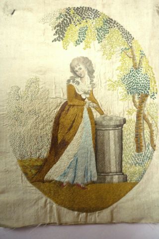 Antique Georgian Embroidered Silk Picture Lady In Garden Unframed Late 18th C