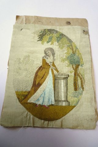 ANTIQUE GEORGIAN EMBROIDERED SILK PICTURE LADY IN GARDEN UNFRAMED LATE 18TH C 2