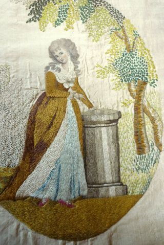 ANTIQUE GEORGIAN EMBROIDERED SILK PICTURE LADY IN GARDEN UNFRAMED LATE 18TH C 3