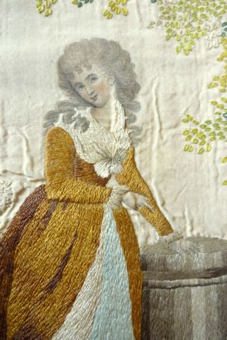 ANTIQUE GEORGIAN EMBROIDERED SILK PICTURE LADY IN GARDEN UNFRAMED LATE 18TH C 4