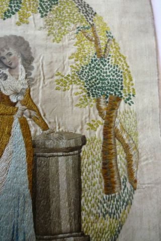 ANTIQUE GEORGIAN EMBROIDERED SILK PICTURE LADY IN GARDEN UNFRAMED LATE 18TH C 7