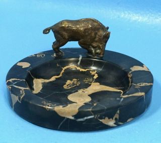 Antique Vide Poche Visiting Card Holder Tray Wild Boar Hunt Marble Bronze C1900