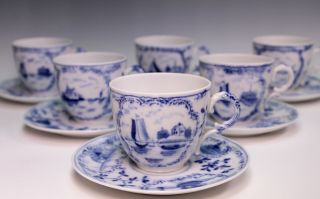 Rauenstein 19th Century German Blue White Ships Delft Six Cups And Saucers