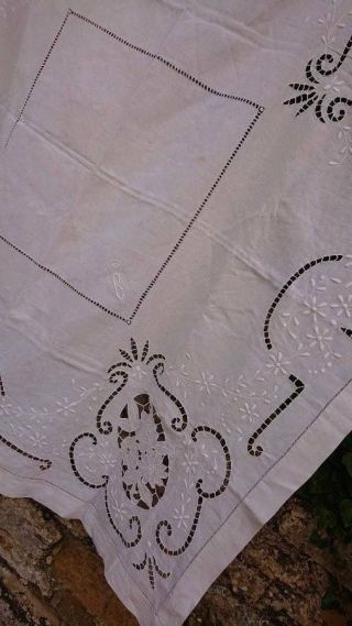 DIVINE ANTIQUE FRENCH EMBROIDERED LINEN TABLECLOTH CROWNS OF A COUNTESS c1890 10