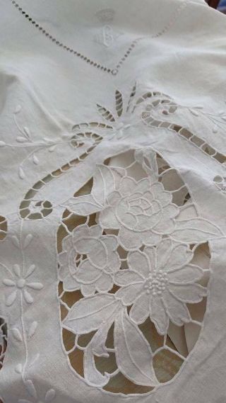DIVINE ANTIQUE FRENCH EMBROIDERED LINEN TABLECLOTH CROWNS OF A COUNTESS c1890 12