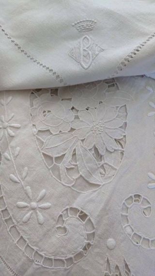Divine Antique French Embroidered Linen Tablecloth Crowns Of A Countess C1890