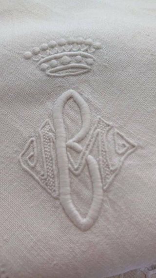 DIVINE ANTIQUE FRENCH EMBROIDERED LINEN TABLECLOTH CROWNS OF A COUNTESS c1890 3