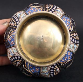 Antique Russian Moscow 88 Silver & Gilt,  Shaded Floral Enamel w/ Stones Bowl 11