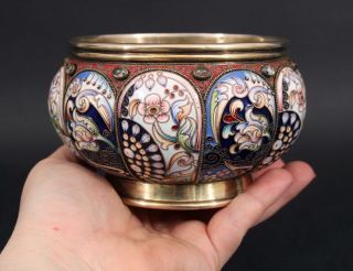 Antique Russian Moscow 88 Silver & Gilt,  Shaded Floral Enamel W/ Stones Bowl