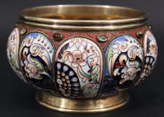 Antique Russian Moscow 88 Silver & Gilt,  Shaded Floral Enamel w/ Stones Bowl 2