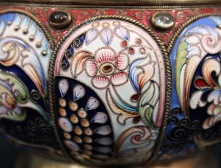 Antique Russian Moscow 88 Silver & Gilt,  Shaded Floral Enamel w/ Stones Bowl 4