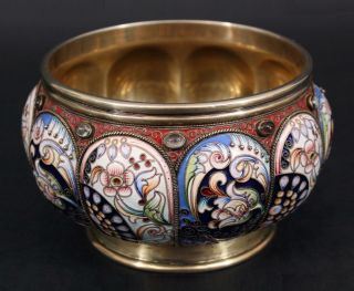 Antique Russian Moscow 88 Silver & Gilt,  Shaded Floral Enamel w/ Stones Bowl 5