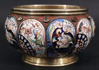 Antique Russian Moscow 88 Silver & Gilt,  Shaded Floral Enamel w/ Stones Bowl 6