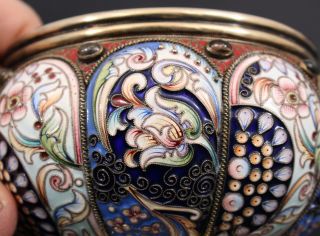 Antique Russian Moscow 88 Silver & Gilt,  Shaded Floral Enamel w/ Stones Bowl 7