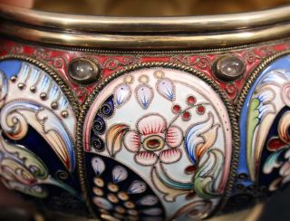 Antique Russian Moscow 88 Silver & Gilt,  Shaded Floral Enamel w/ Stones Bowl 8
