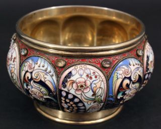 Antique Russian Moscow 88 Silver & Gilt,  Shaded Floral Enamel w/ Stones Bowl 9