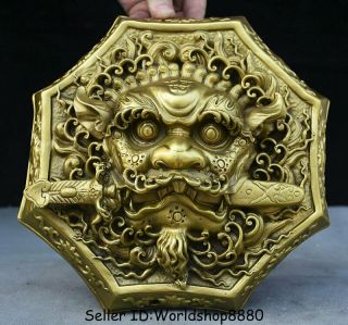 9.  6 " Chinese Folk Home Copper Fu Foo Dog Lion Head Mask Door Knocker Statue
