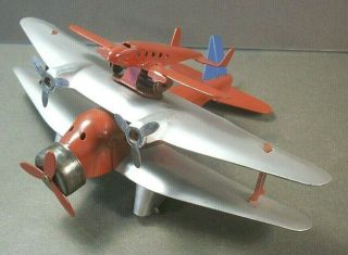 Vintage 1930s Wyandotte Pressed Steel Toy Bi - Wing Airplane W/piggy Back Plane