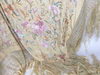 LARGE Antique Victorian Embroidered Silk Piano Shawl Table Cover Floral Fringing 10