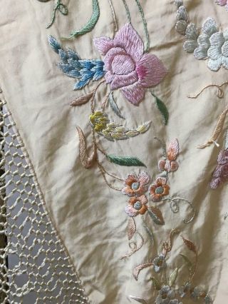 LARGE Antique Victorian Embroidered Silk Piano Shawl Table Cover Floral Fringing 11