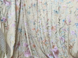 LARGE Antique Victorian Embroidered Silk Piano Shawl Table Cover Floral Fringing 12