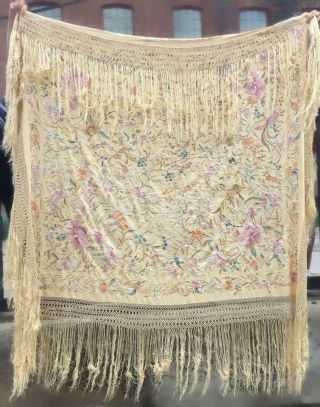 Large Antique Victorian Embroidered Silk Piano Shawl Table Cover Floral Fringing