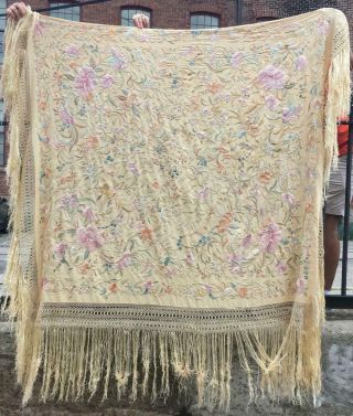 LARGE Antique Victorian Embroidered Silk Piano Shawl Table Cover Floral Fringing 2