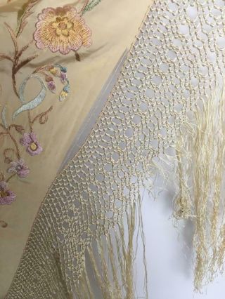 LARGE Antique Victorian Embroidered Silk Piano Shawl Table Cover Floral Fringing 5