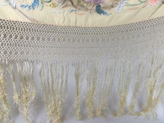 LARGE Antique Victorian Embroidered Silk Piano Shawl Table Cover Floral Fringing 6