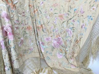 LARGE Antique Victorian Embroidered Silk Piano Shawl Table Cover Floral Fringing 8