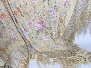 LARGE Antique Victorian Embroidered Silk Piano Shawl Table Cover Floral Fringing 9
