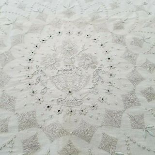 Vintage Antique Linen Embroidered Flat Sheet Flowers in Urn 100 